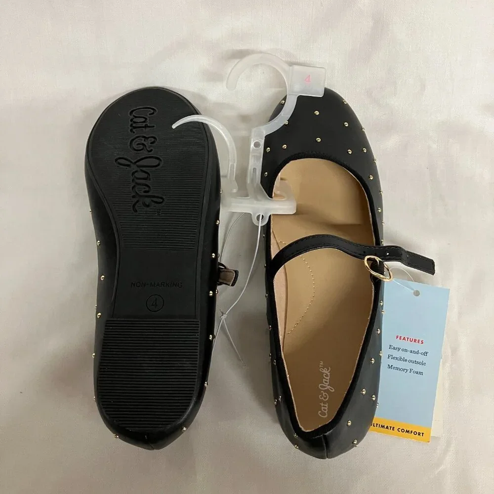 NWT Cat & Jack Kids' 4 Black Jo Slip-On Ballet Flats Embellished Buckle